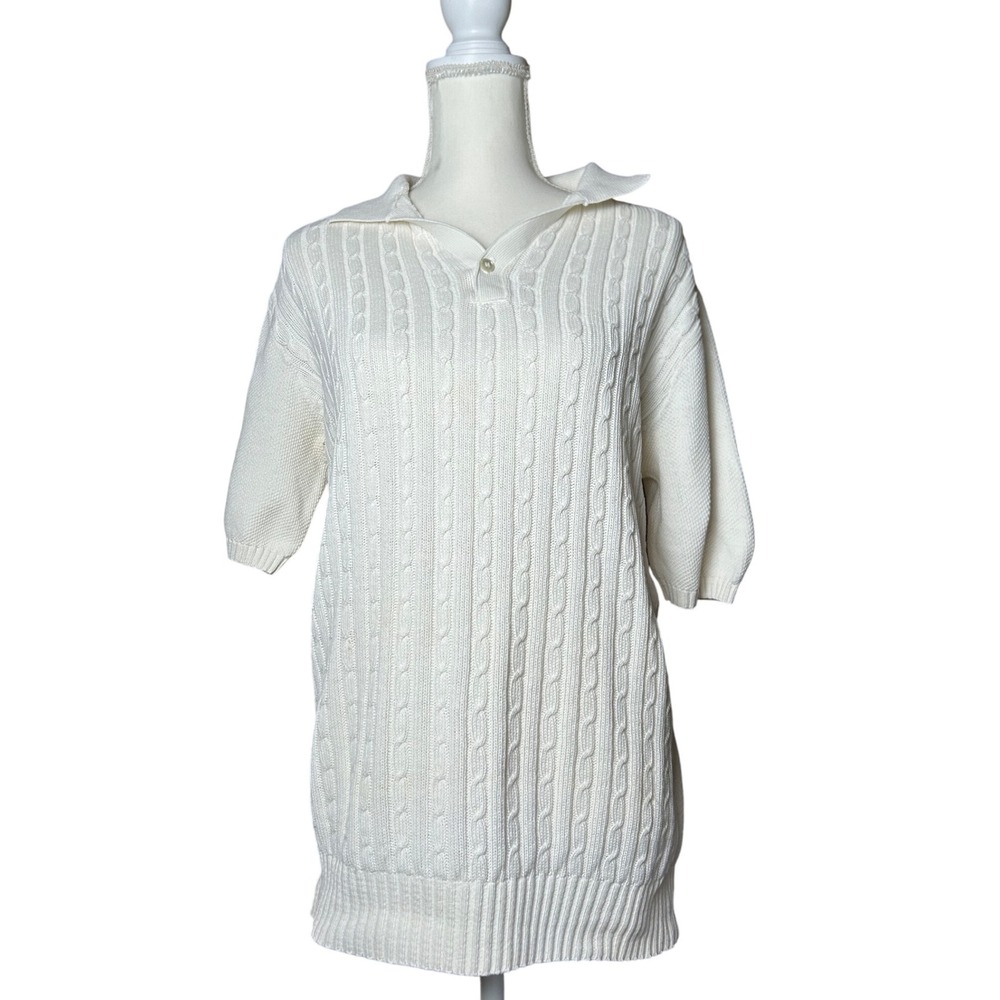 Vintage London Fog‎ Knit Top Ivory Cable Knit Short Sleeve Collared Pullover